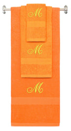 Orange monogrammed towel set with Gold thread, Diana Script font, initial M - 540 GSM cotton 3-piece
