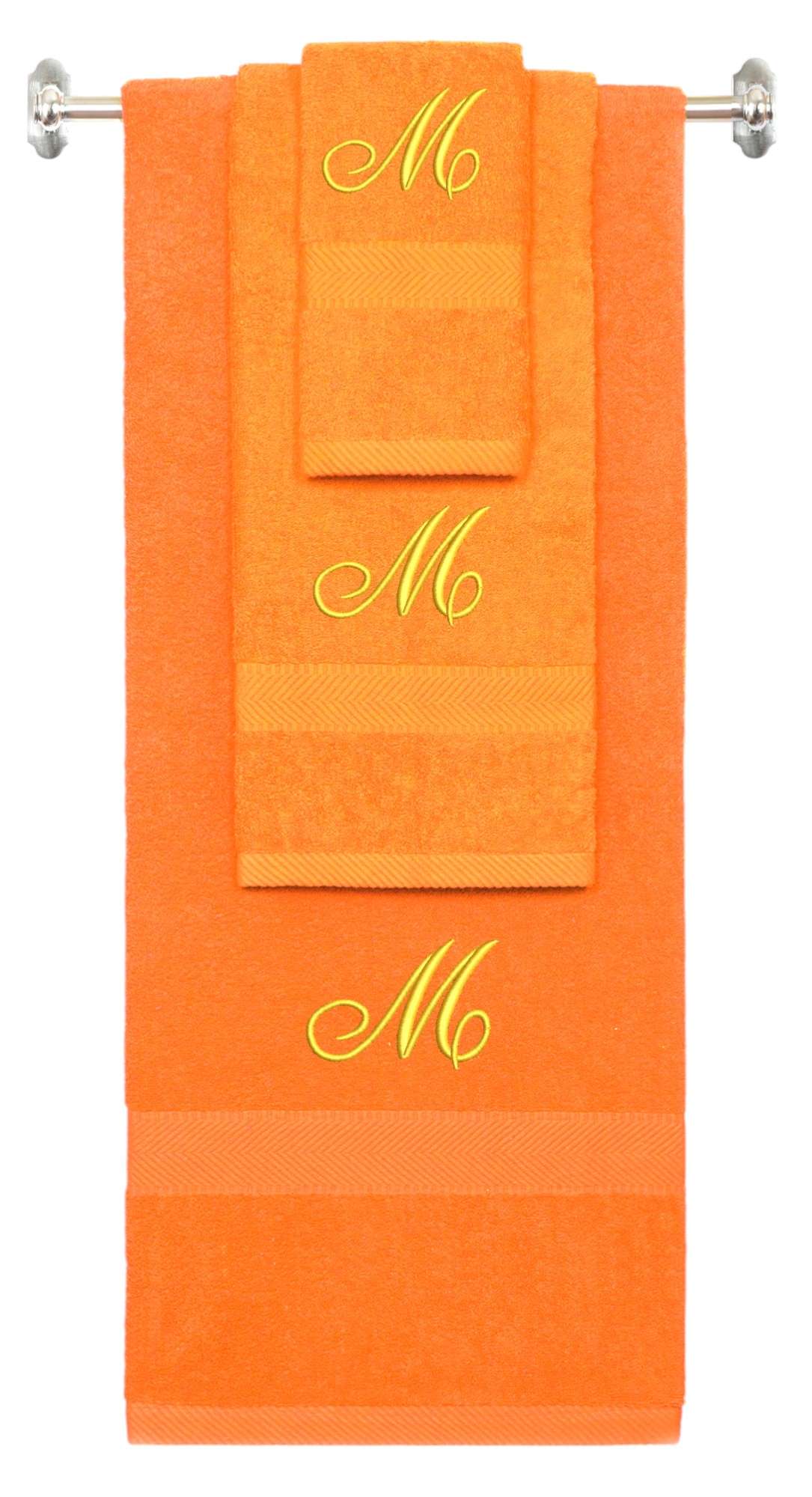 Orange monogrammed towel set with Gold thread, Diana Script font, initial M - 540 GSM cotton 3-piece
