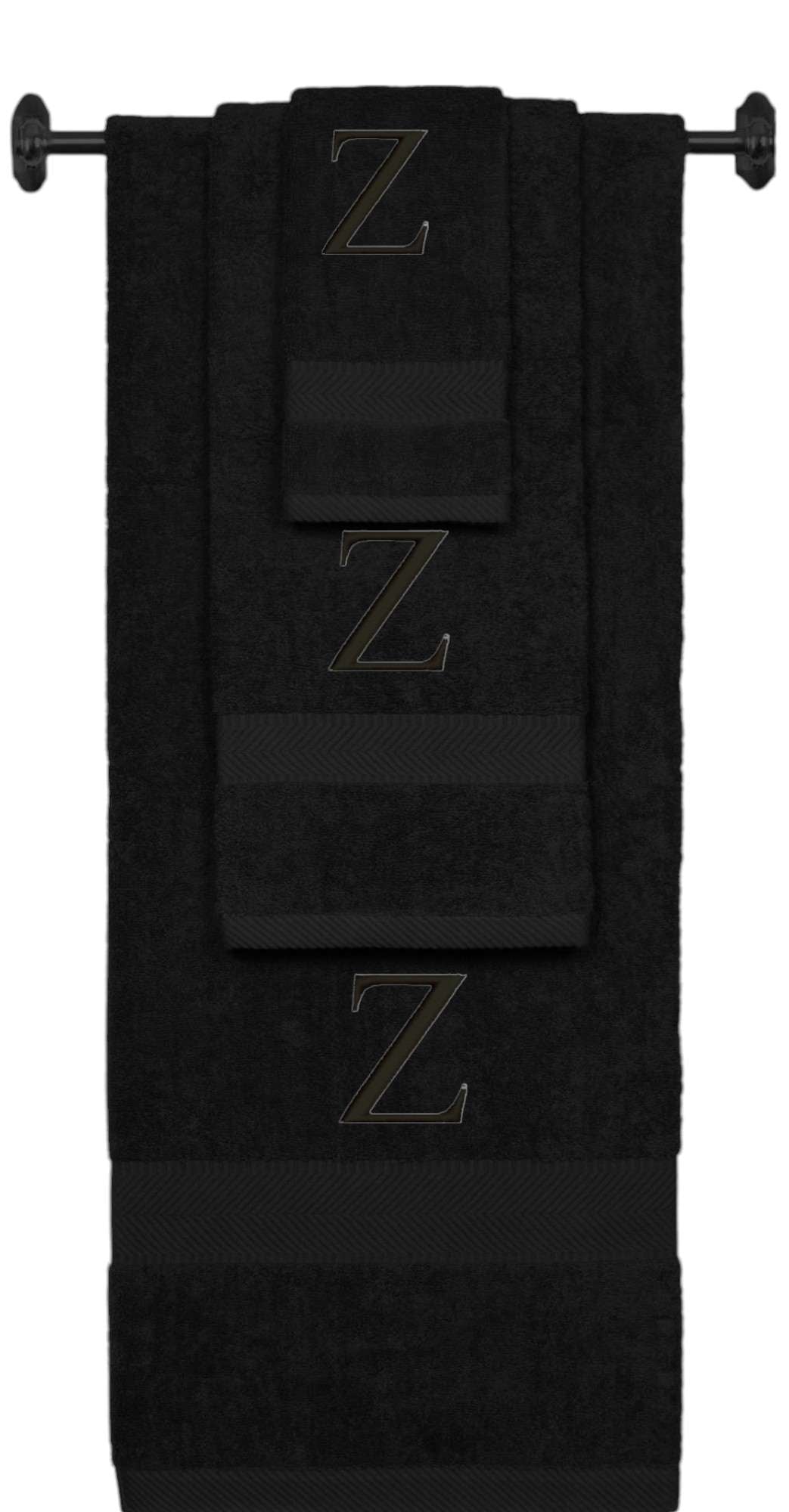 Black monogrammed towel set with Black thread, Times New Roman font, initial Z - 540 GSM cotton 3-piece