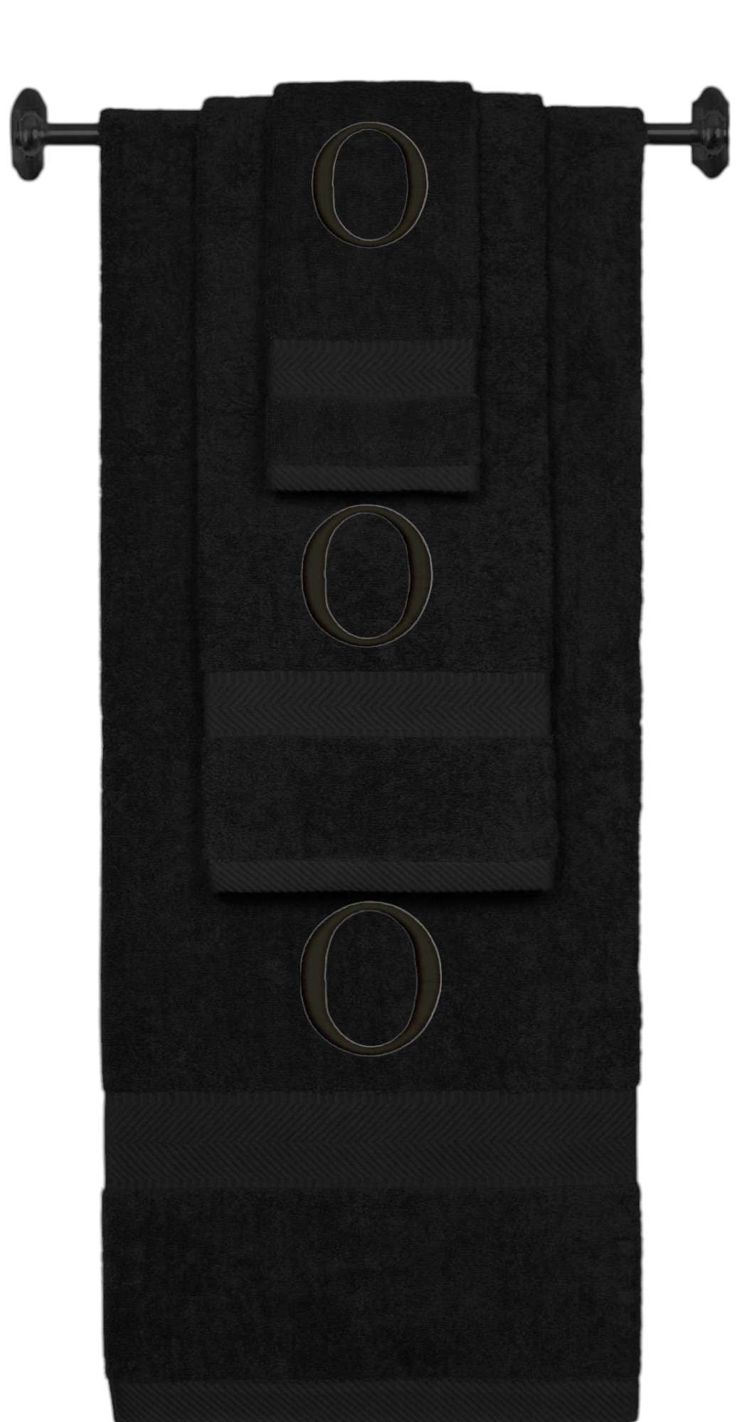 Black monogrammed towel set with Black thread, Times New Roman font, initial O - 540 GSM cotton 3-piece