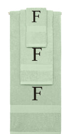 Mint Green monogrammed towel set with Black thread, Times New Roman font, initial F - 540 GSM cotton 3-piece