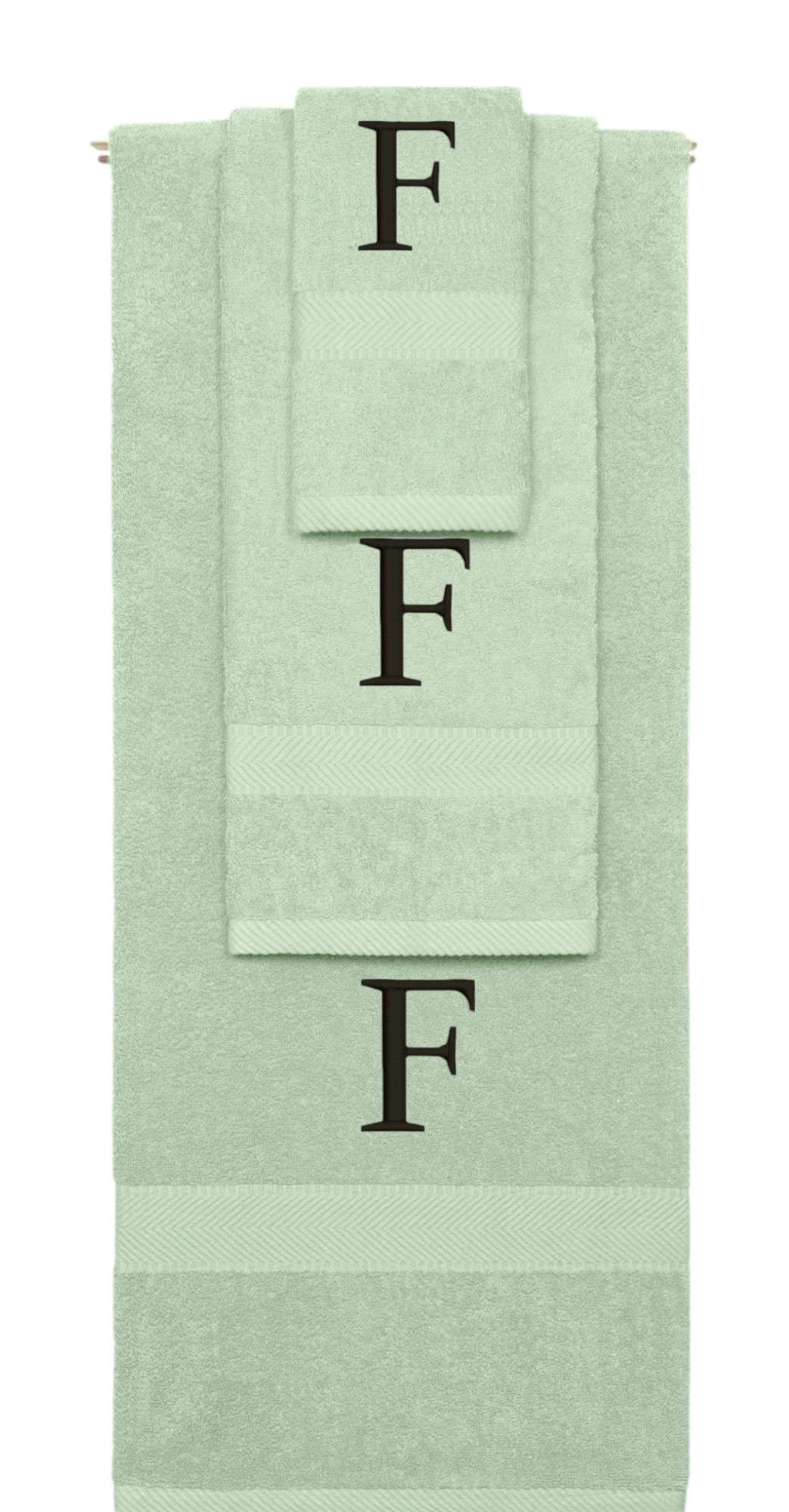 Mint Green monogrammed towel set with Black thread, Times New Roman font, initial F - 540 GSM cotton 3-piece