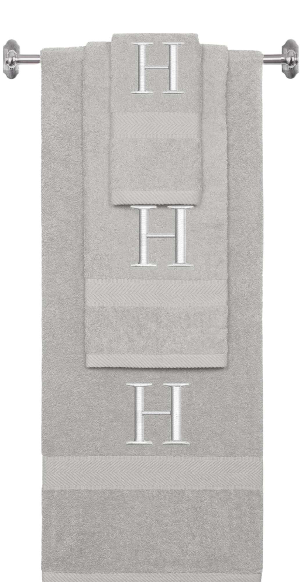 Silver monogrammed towel set with Silver thread, Times New Roman font, initial H - 540 GSM cotton 3-piece