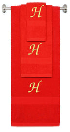 Red monogrammed towel set with Gold thread, Chancery font, initial H - 540 GSM cotton 3-piece