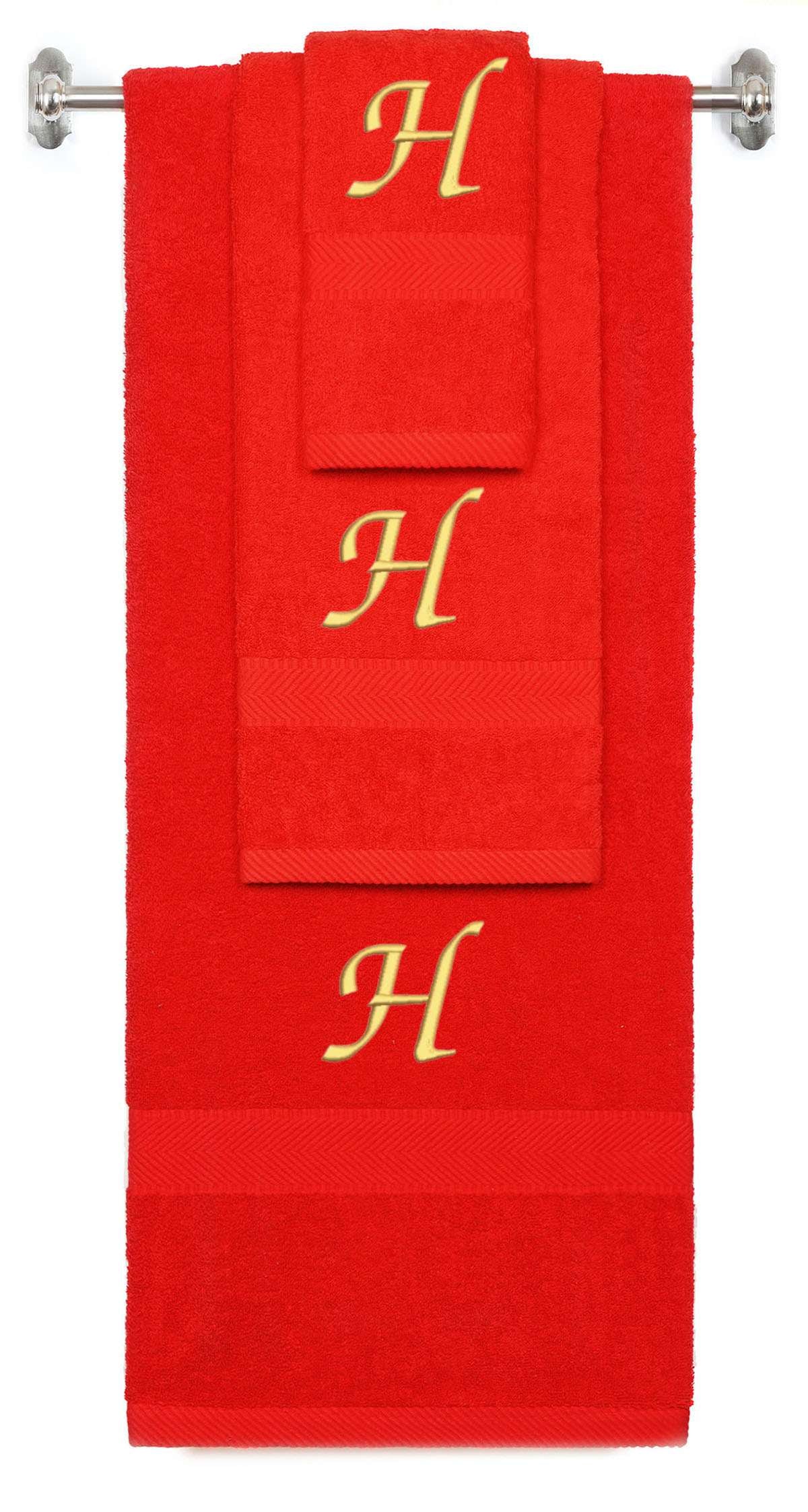Red monogrammed towel set with Gold thread, Chancery font, initial H - 540 GSM cotton 3-piece