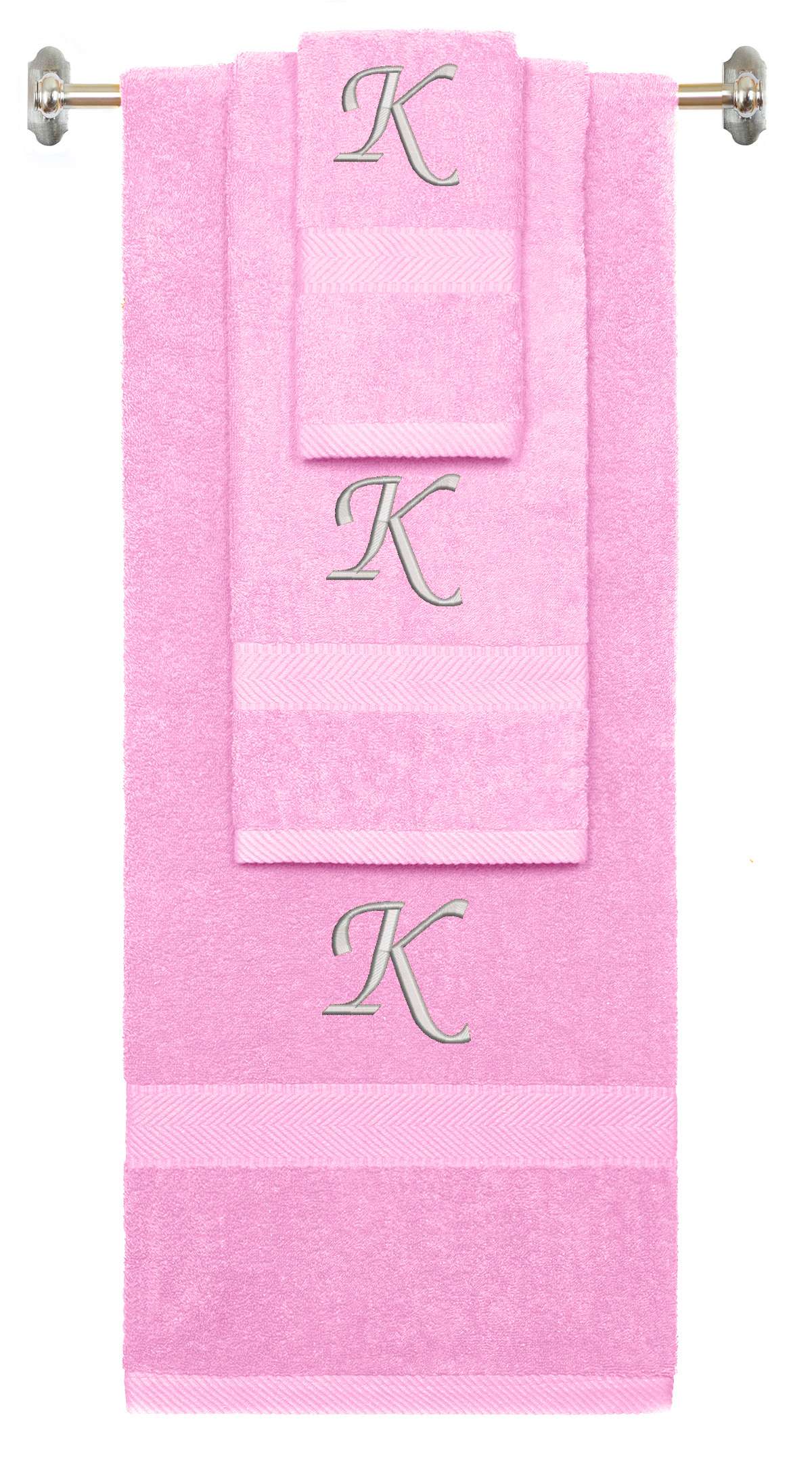 Pink monogrammed towel set with Silver thread, Chancery font, initial K - 540 GSM cotton 3-piece