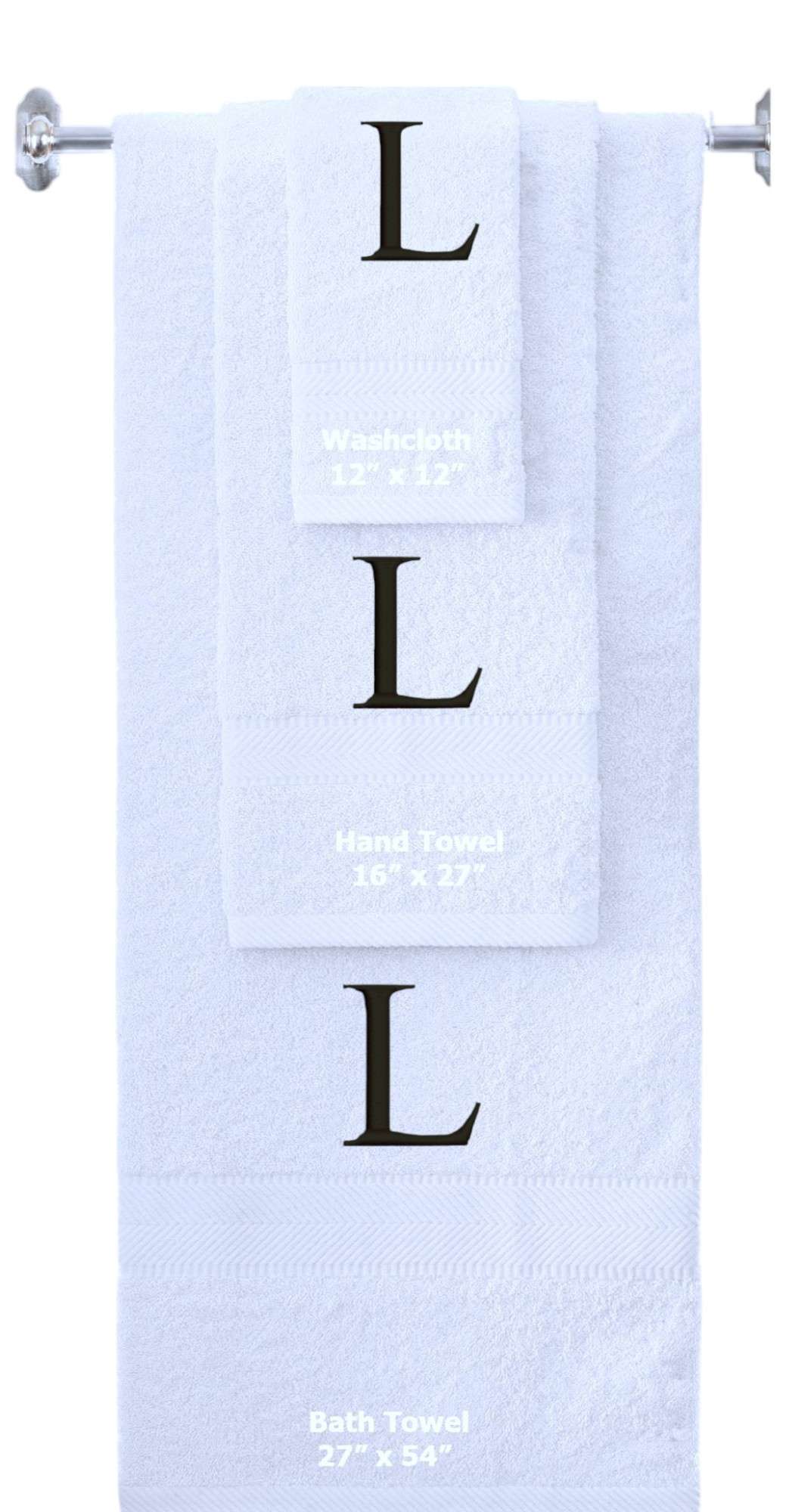 White monogrammed towel set with Black thread, Times New Roman font, initial L - 540 GSM cotton 3-piece