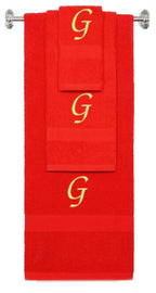 Red monogrammed towel set with Gold thread, Chancery font, initial G - 540 GSM cotton 3-piece