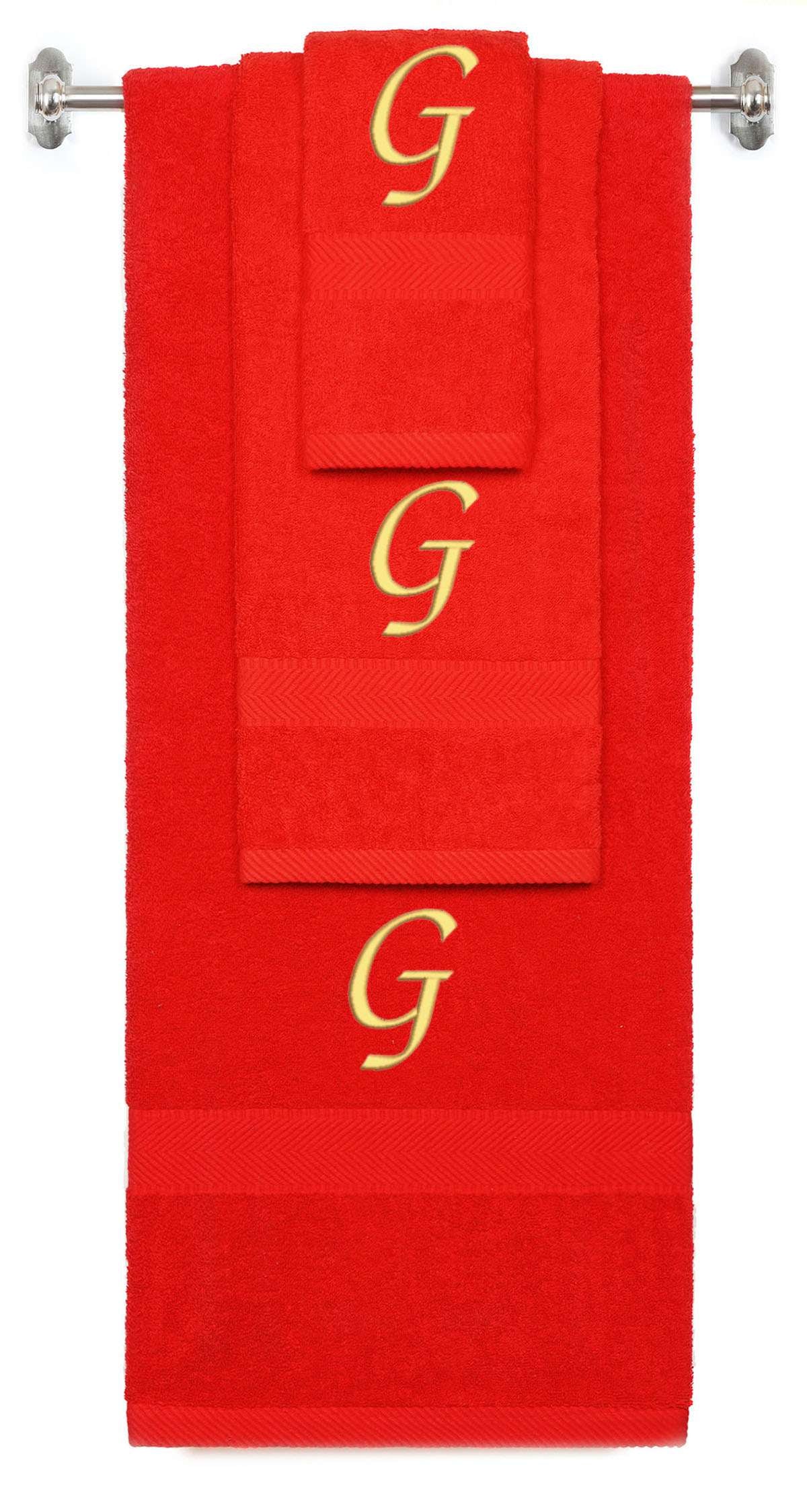 Red monogrammed towel set with Gold thread, Chancery font, initial G - 540 GSM cotton 3-piece