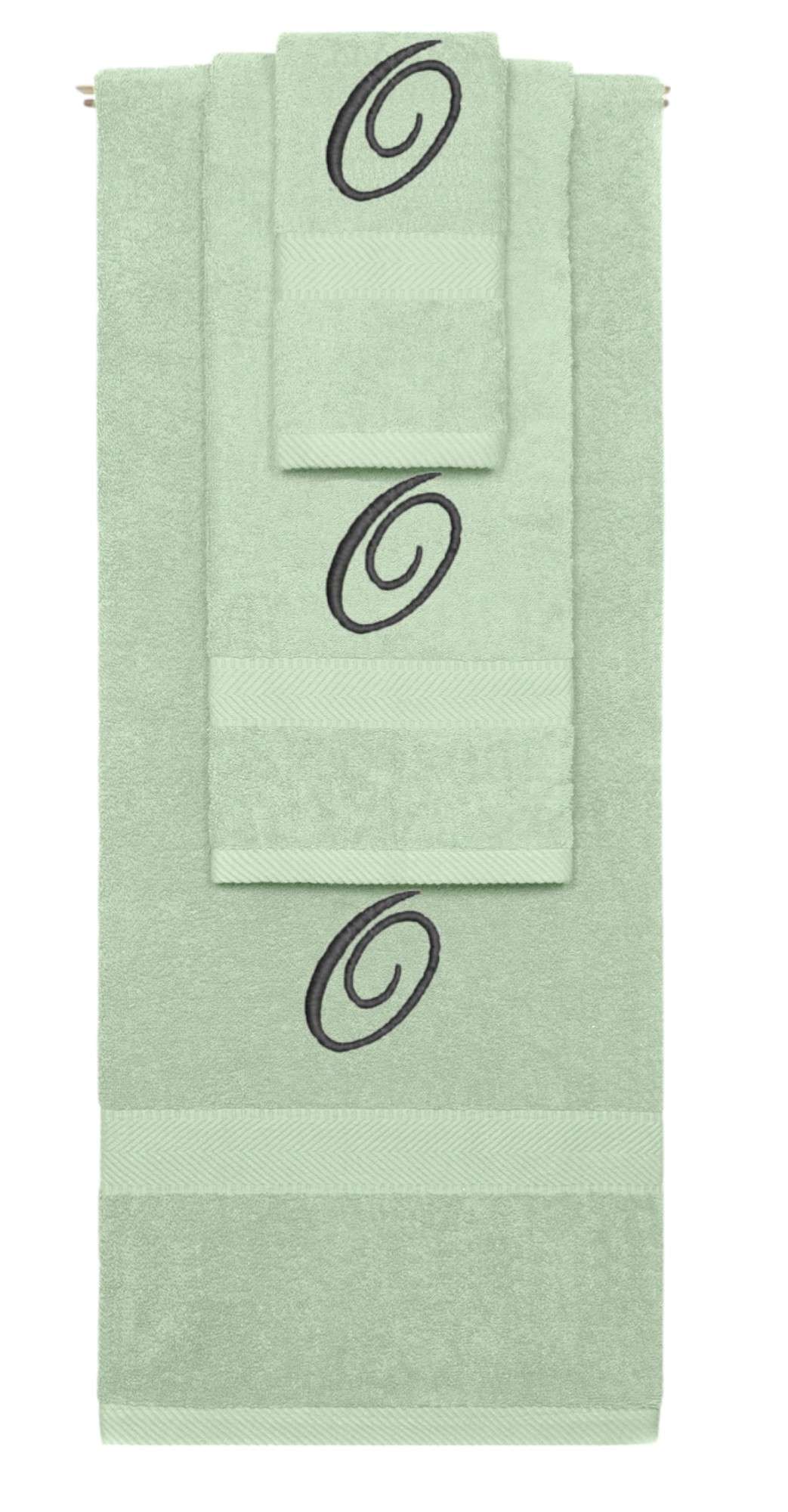Mint Green monogrammed towel set with Black thread, Diana Script font, initial O - 540 GSM cotton 3-piece