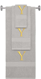 Silver monogrammed towel set with Gold thread, Times New Roman font, initial Y - 540 GSM cotton 3-piece