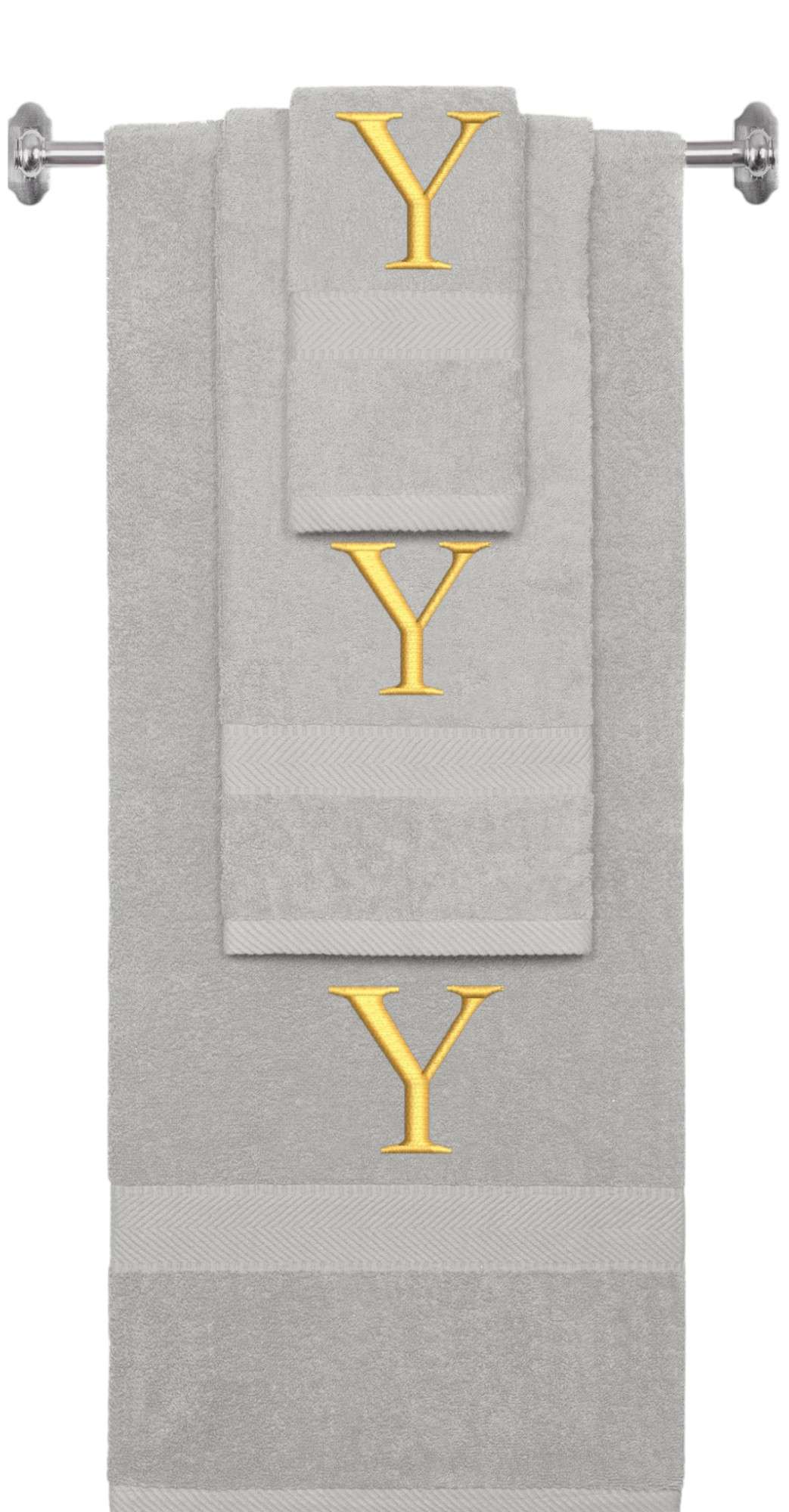 Silver monogrammed towel set with Gold thread, Times New Roman font, initial Y - 540 GSM cotton 3-piece