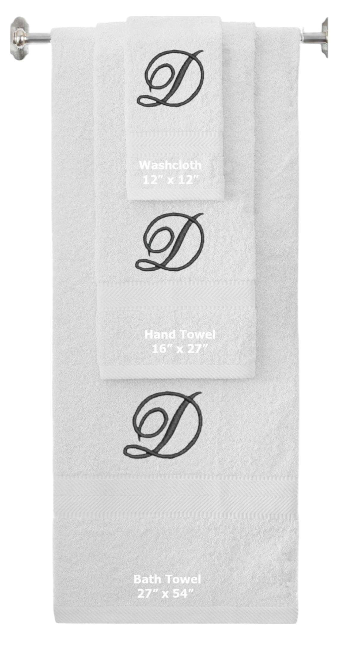 White monogrammed towel set with Black thread, Diana Script font, initial D - 540 GSM cotton 3-piece