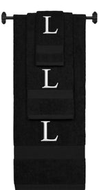 Black monogrammed towel set with Silver thread, Times New Roman font, initial L - 540 GSM cotton 3-piece