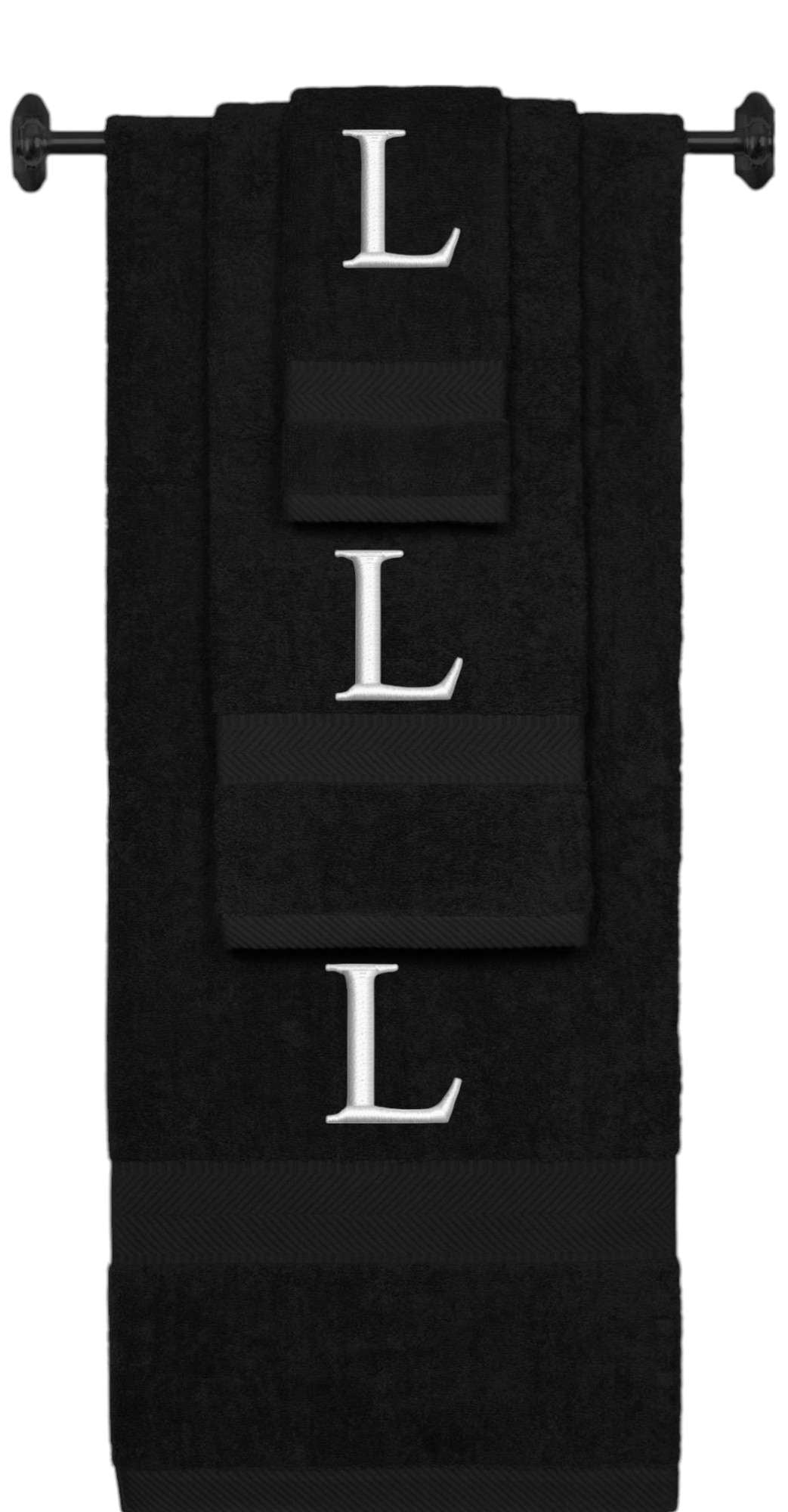 Black monogrammed towel set with Silver thread, Times New Roman font, initial L - 540 GSM cotton 3-piece