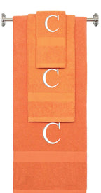 Orange monogrammed towel set with White thread, Times New Roman font, initial C - 540 GSM cotton 3-piece