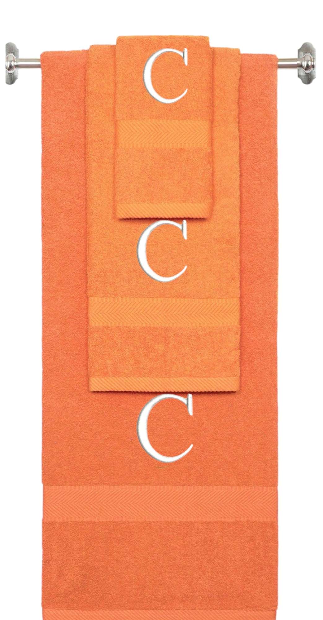 Orange monogrammed towel set with White thread, Times New Roman font, initial C - 540 GSM cotton 3-piece