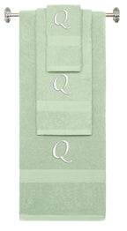 Mint Green monogrammed towel set with White thread, Chancery font, initial Q - 540 GSM cotton 3-piece
