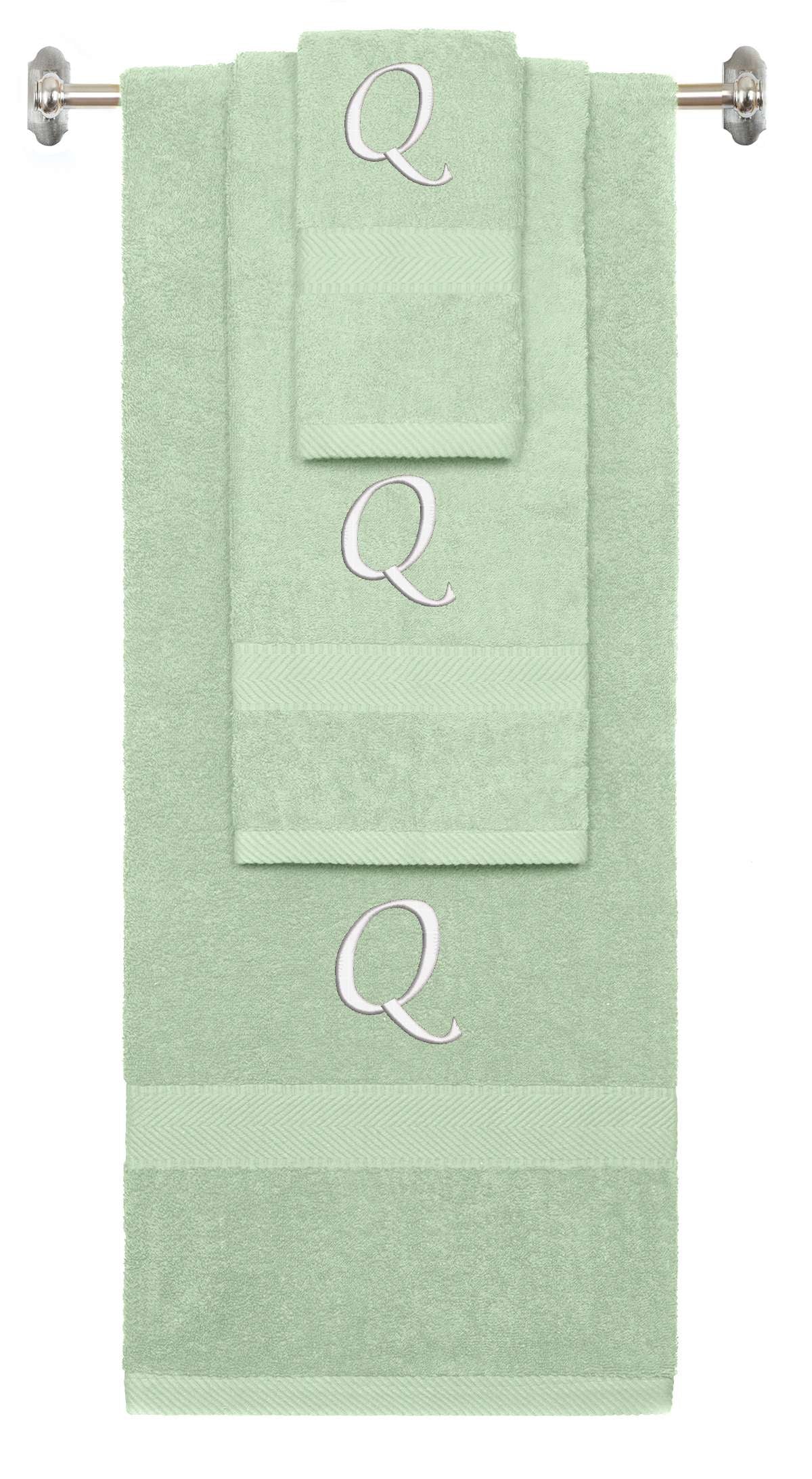 Mint Green monogrammed towel set with White thread, Chancery font, initial Q - 540 GSM cotton 3-piece