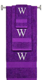 Purple monogrammed towel set with Silver thread, Times New Roman font, initial W - 540 GSM cotton 3-piece