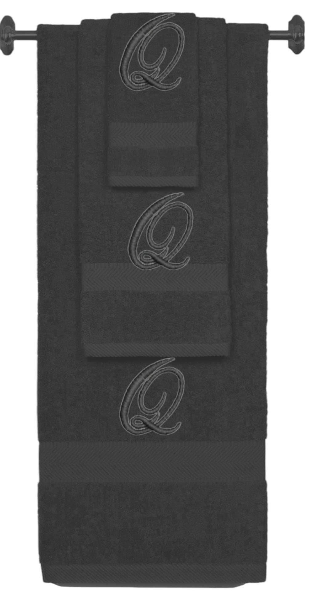 Charcoal monogrammed towel set with Black thread, Diana Script font, initial Q - 540 GSM cotton 3-piece