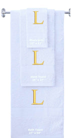 White monogrammed towel set with Gold thread, Times New Roman font, initial L - 540 GSM cotton 3-piece