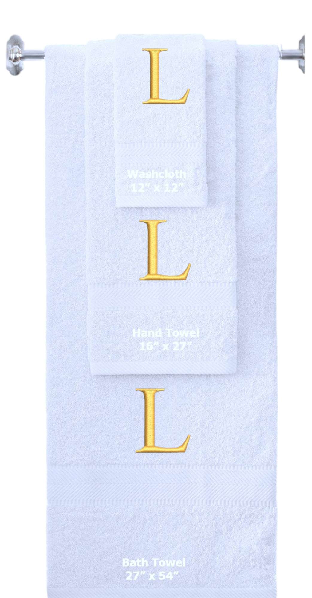White monogrammed towel set with Gold thread, Times New Roman font, initial L - 540 GSM cotton 3-piece