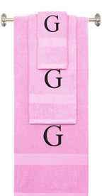Pink monogrammed towel set with Black thread, Times New Roman font, initial G - 540 GSM cotton 3-piece