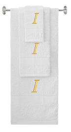 White monogrammed towel set with Gold thread, Chancery font, initial I - 540 GSM cotton 3-piece