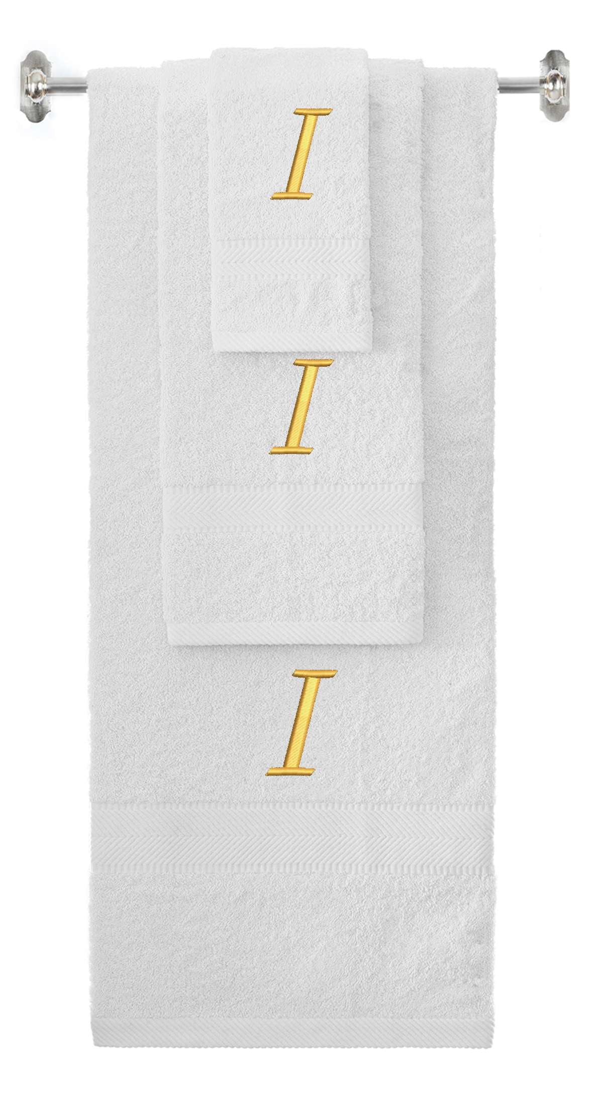 White monogrammed towel set with Gold thread, Chancery font, initial I - 540 GSM cotton 3-piece