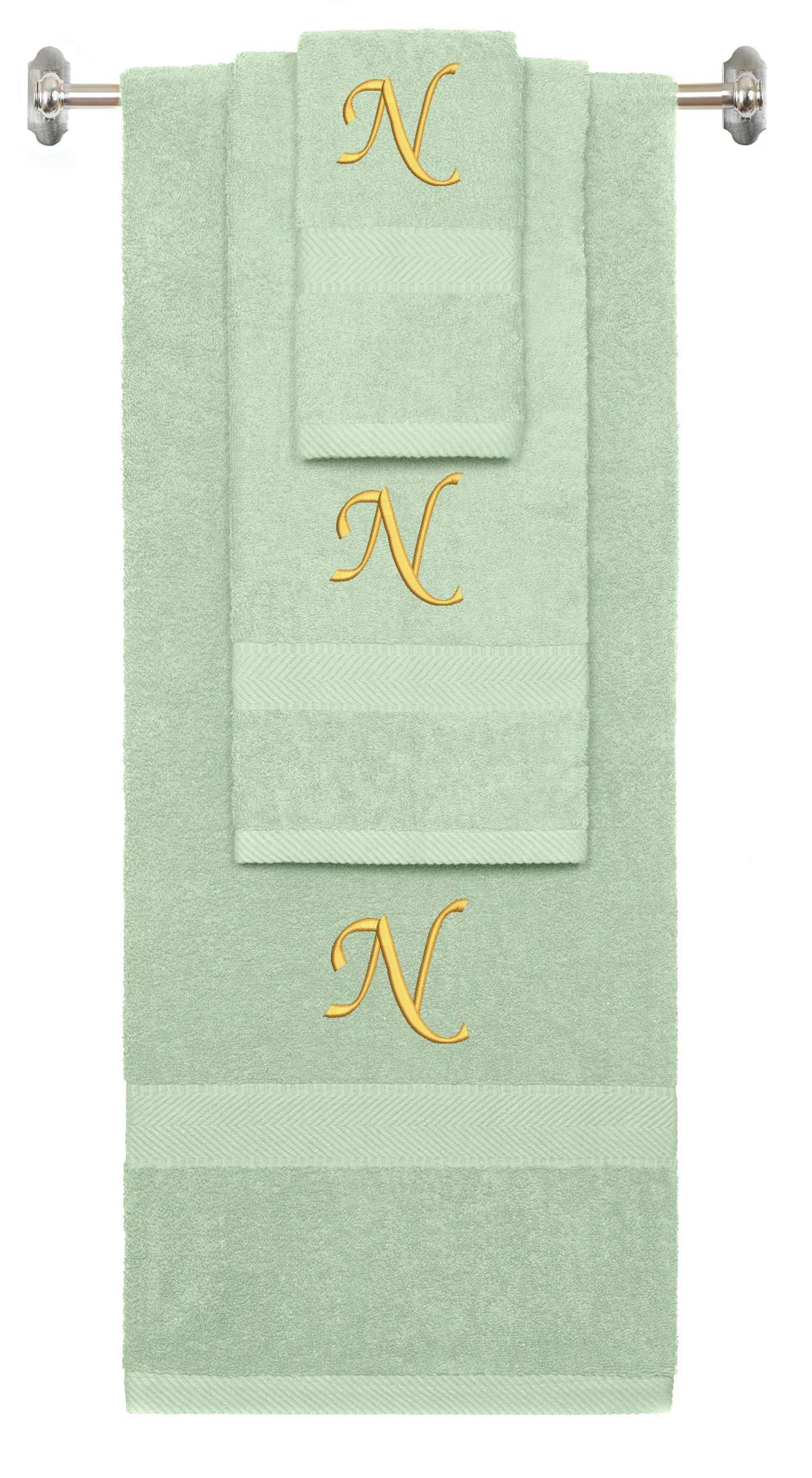 Mint Green monogrammed towel set with Gold thread, Chancery font, initial O - 540 GSM cotton 3-piece