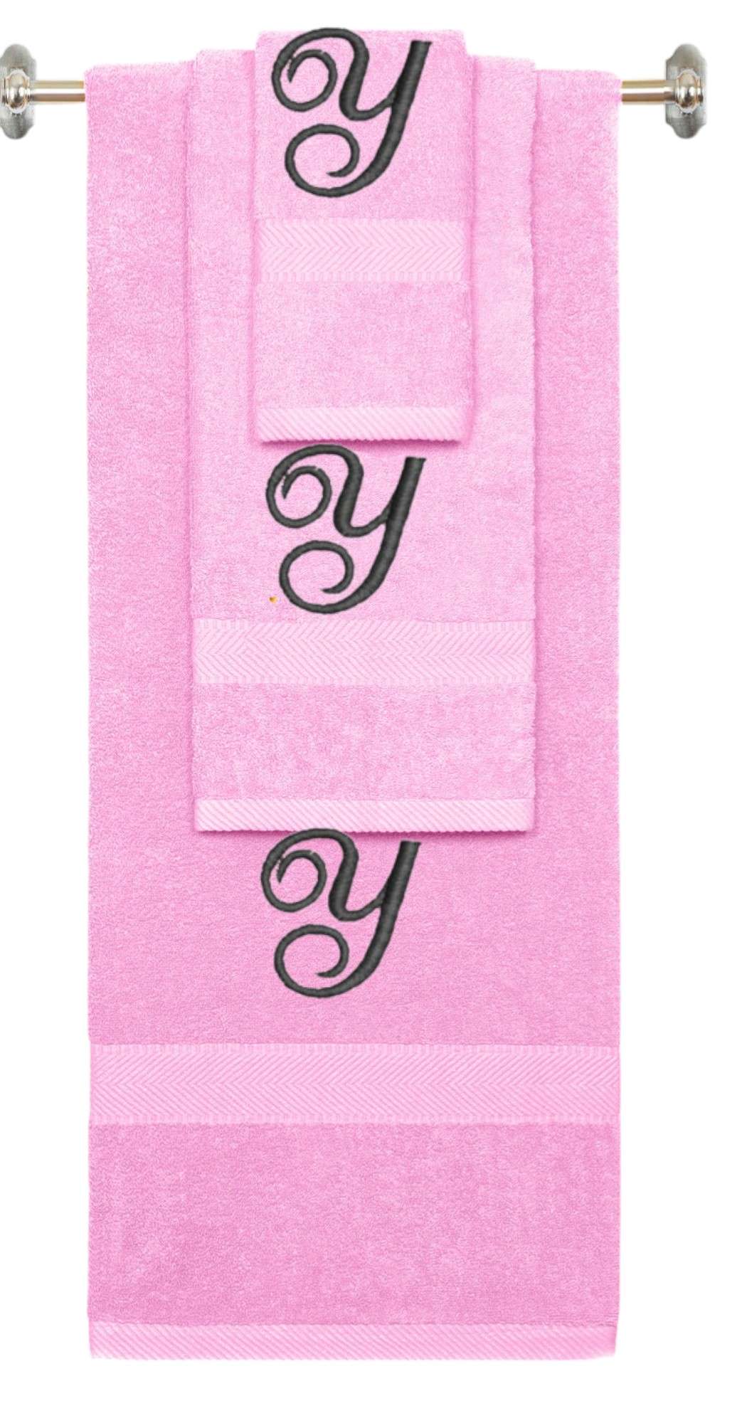 Pink monogrammed towel set with Black thread, Diana Script font, initial Y - 540 GSM cotton 3-piece