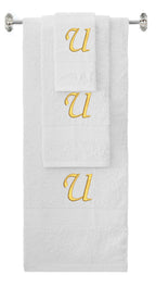 White monogrammed towel set with Gold thread, Chancery font, initial U - 540 GSM cotton 3-piece