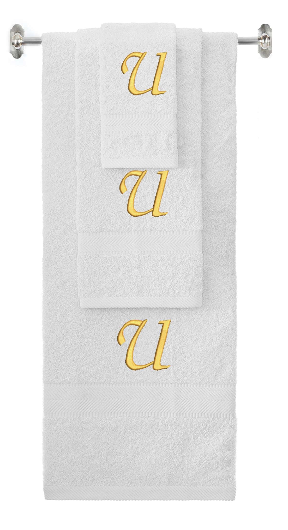 White monogrammed towel set with Gold thread, Chancery font, initial U - 540 GSM cotton 3-piece