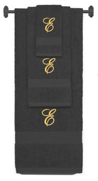 Charcoal monogrammed towel set with Gold thread, Diana Script font, initial E - 540 GSM cotton 3-piece