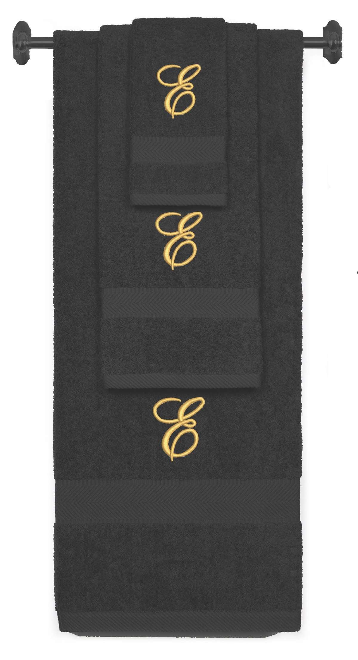 Charcoal monogrammed towel set with Gold thread, Diana Script font, initial E - 540 GSM cotton 3-piece