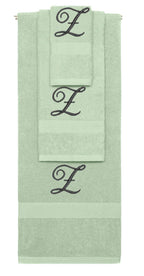 Mint Green monogrammed towel set with Black thread, Diana Script font, initial Z - 540 GSM cotton 3-piece
