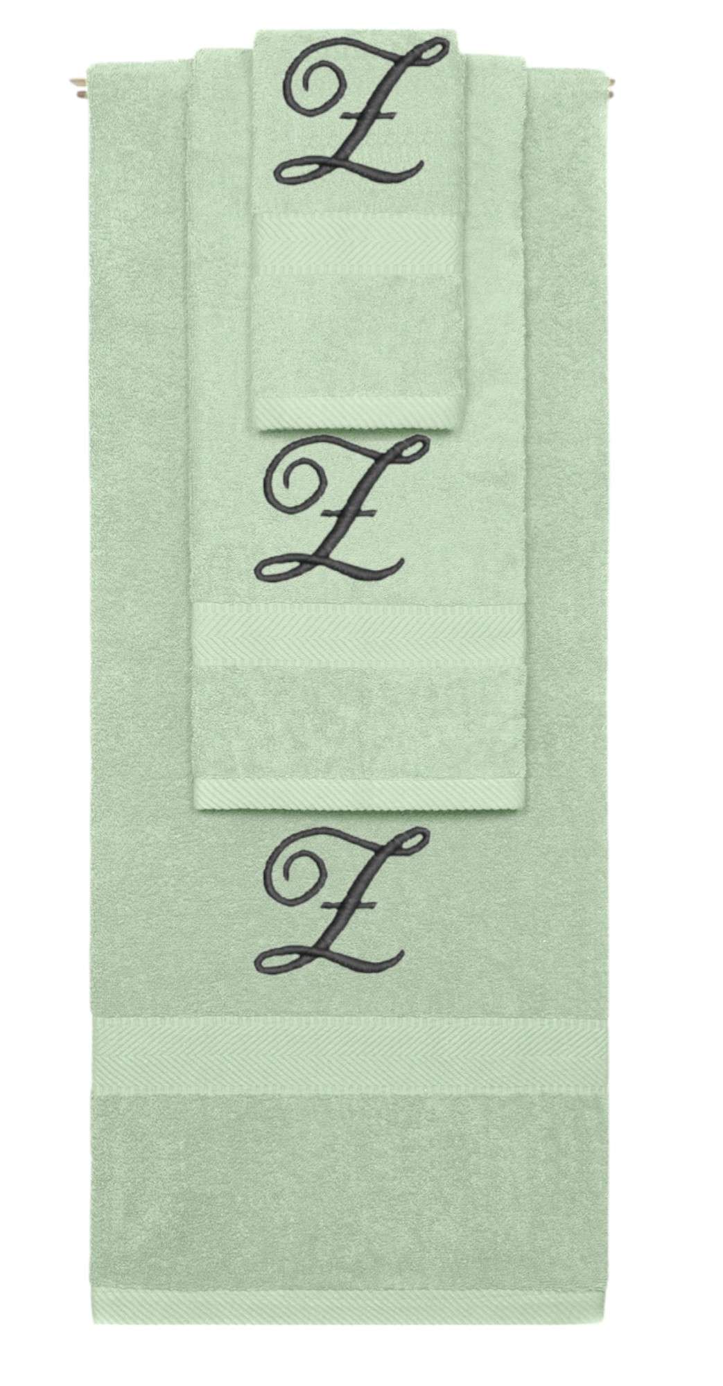 Mint Green monogrammed towel set with Black thread, Diana Script font, initial Z - 540 GSM cotton 3-piece