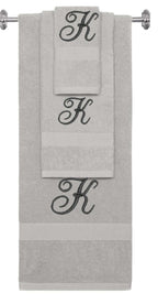 Silver monogrammed towel set with Black thread, Diana Script font, initial K - 540 GSM cotton 3-piece