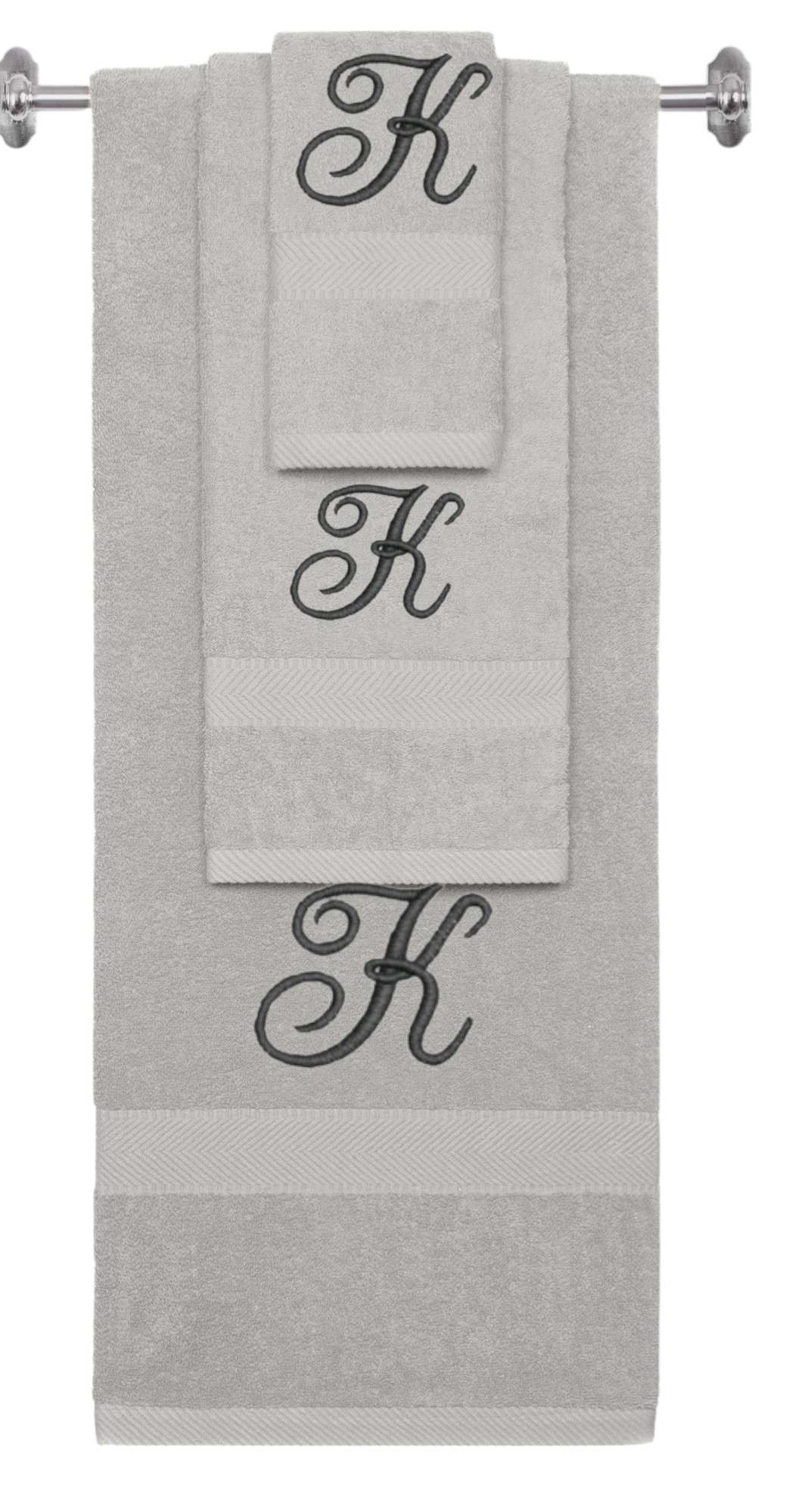Silver monogrammed towel set with Black thread, Diana Script font, initial K - 540 GSM cotton 3-piece