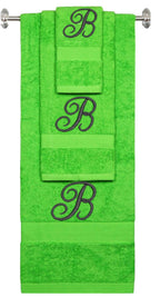 Lime monogrammed towel set with Black thread, Diana Script font, initial B - 540 GSM cotton 3-piece