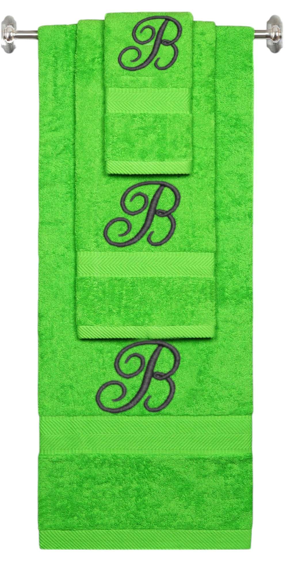 Lime monogrammed towel set with Black thread, Diana Script font, initial B - 540 GSM cotton 3-piece