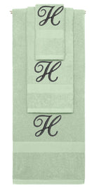 Mint Green monogrammed towel set with Black thread, Diana Script font, initial H - 540 GSM cotton 3-piece