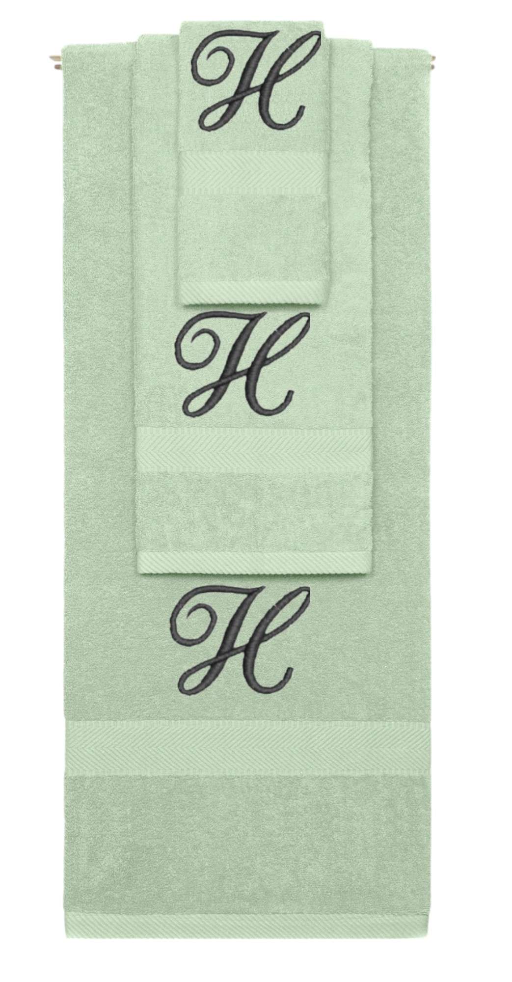 Mint Green monogrammed towel set with Black thread, Diana Script font, initial H - 540 GSM cotton 3-piece