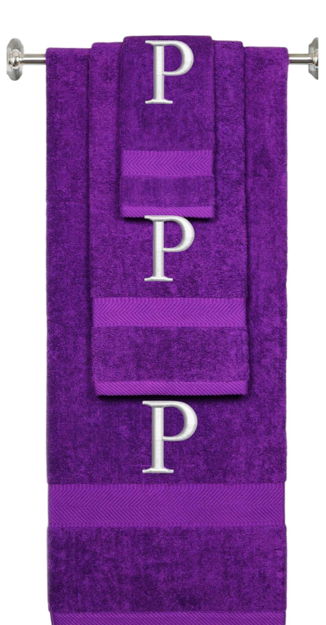 Purple monogrammed towel set with Silver thread, Times New Roman font, initial P - 540 GSM cotton 3-piece