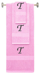 Pink monogrammed towel set with Black thread, Chancery font, initial T - 540 GSM cotton 3-piece