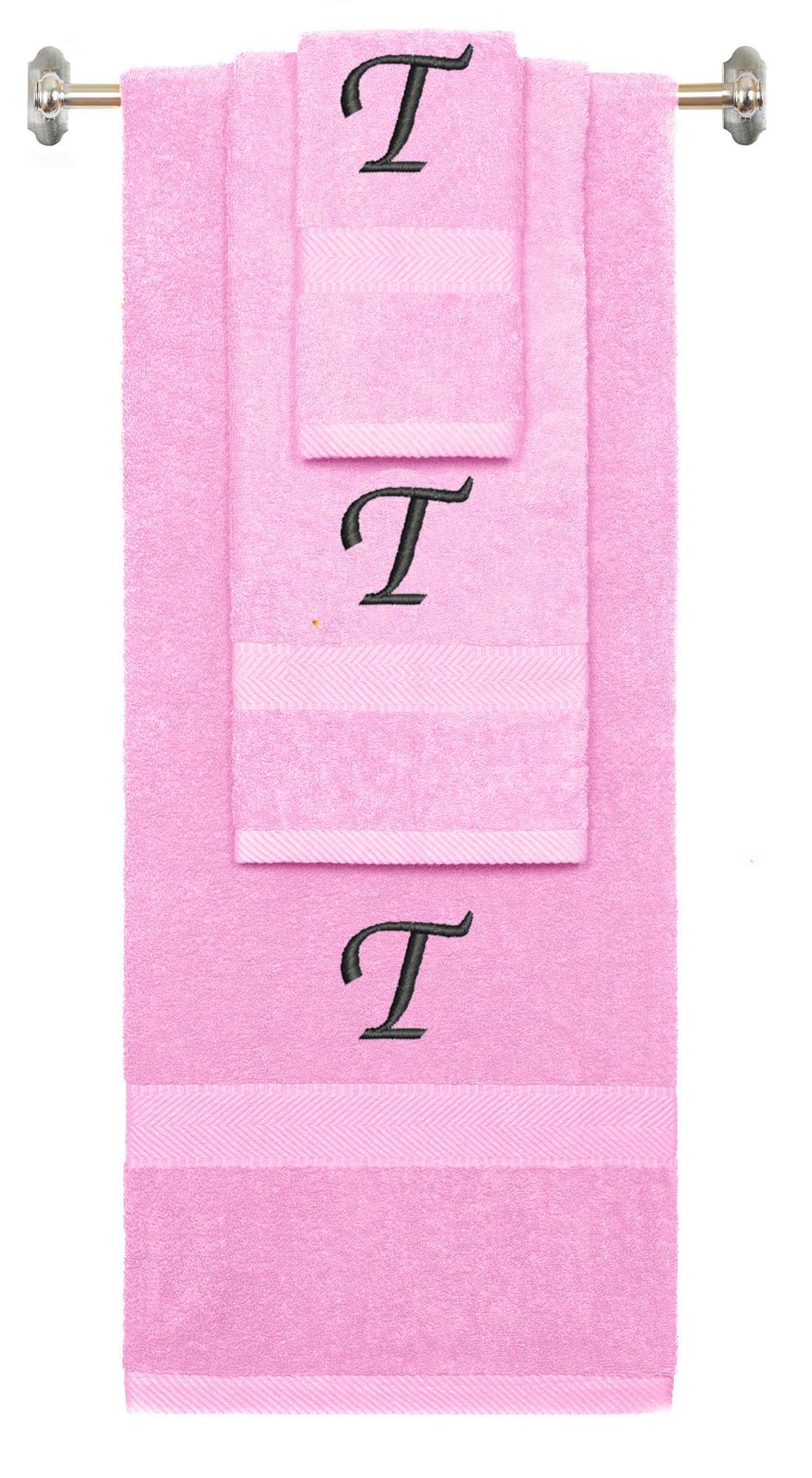 Pink monogrammed towel set with Black thread, Chancery font, initial T - 540 GSM cotton 3-piece