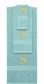 Nautical Teal monogrammed towel set with Gold thread, Times New Roman font, initial S - 540 GSM cotton 3-piece