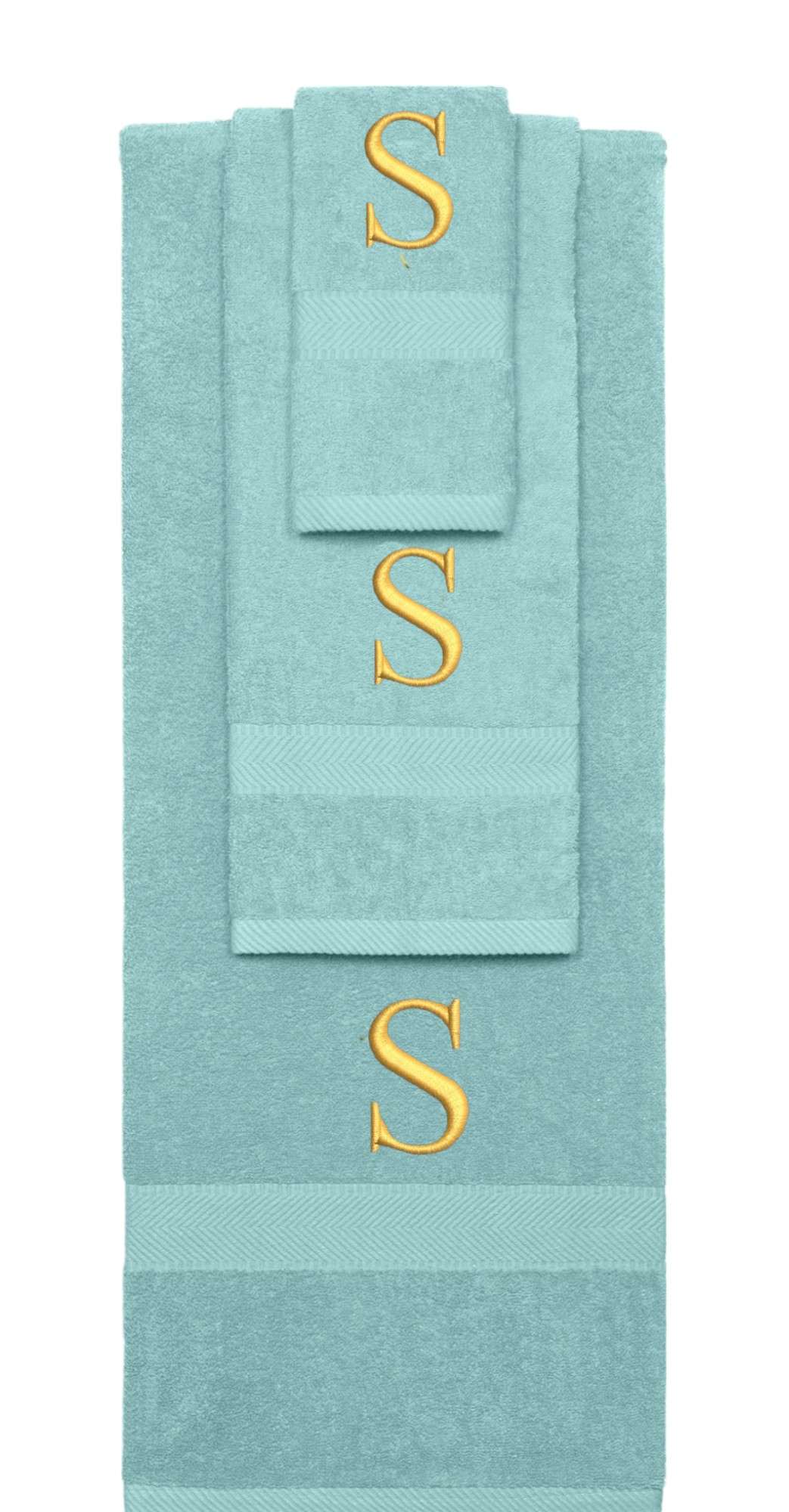 Nautical Teal monogrammed towel set with Gold thread, Times New Roman font, initial S - 540 GSM cotton 3-piece