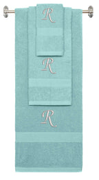Nautical Teal monogrammed towel set with Silver thread, Chancery font, initial R - 540 GSM cotton 3-piece